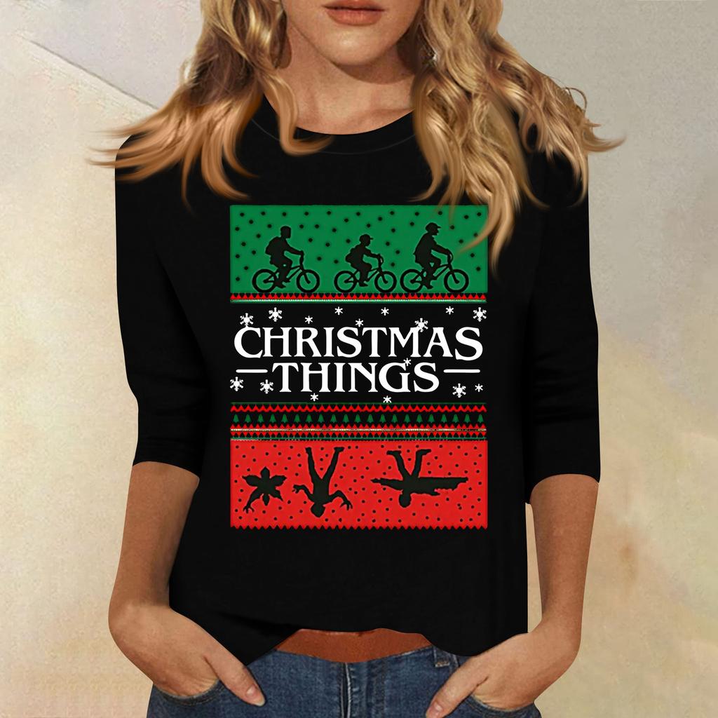 Tops de manga 3/4 para mulheres camiseta casual estampa tops camiseta gola redonda blusa pulôver