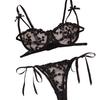 Lingerie Suit Women Ultrathin Lace Embroidery Transparent Bra & Briefs Lace-Up Bras Thongs Suit See Through Trikini Underwear