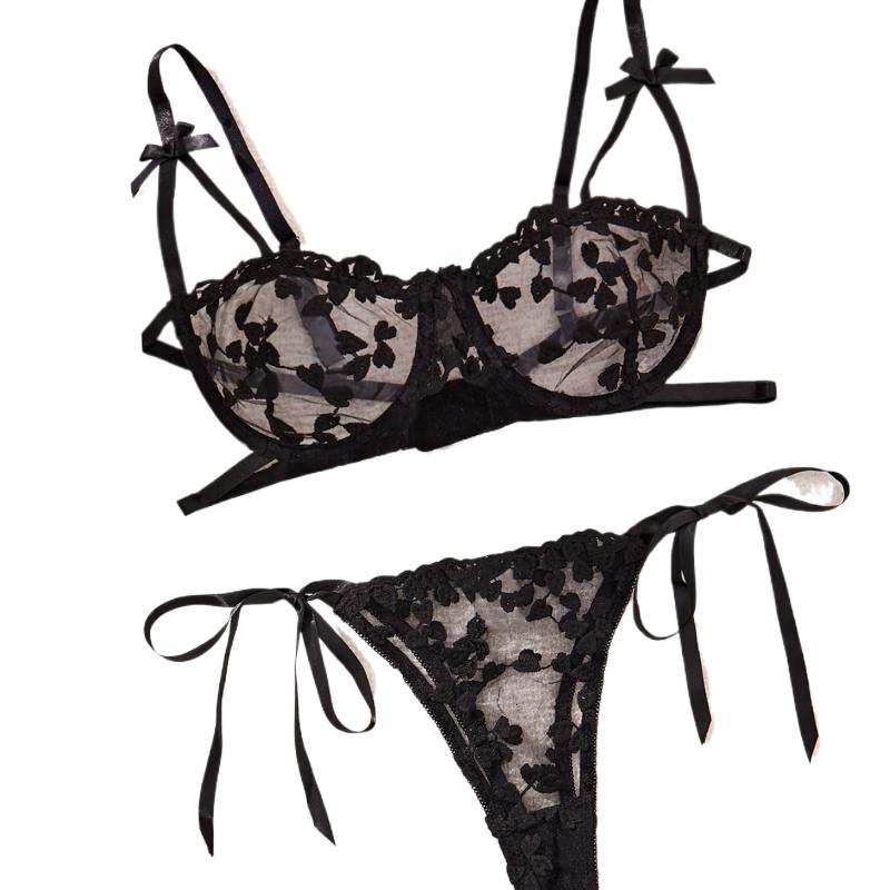 Lingerie Suit Women Ultrathin Lace Embroidery Transparent Bra & Briefs Lace-Up Bras Thongs Suit See Through Trikini Underwear