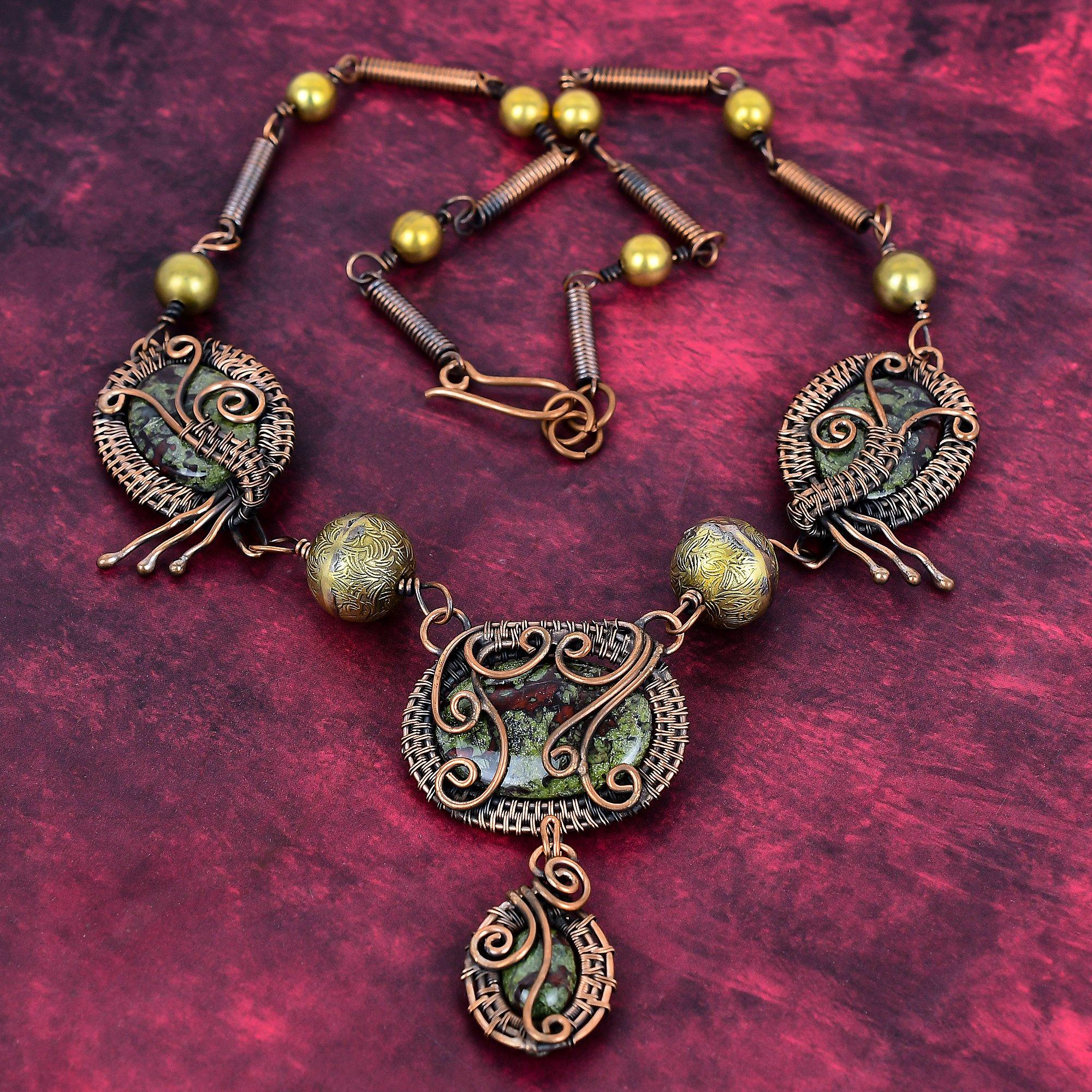 Dragon Bloodstone Gemstone Necklace Copper Wire Wrap Adjustable Chain Necklace Adjustable