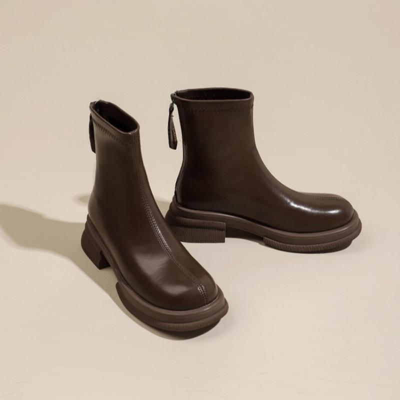 Soft leather thick-soled heightening short boots women's new elastic thin boots in autumn and winter 2025 regular thick-heeled Martin boots