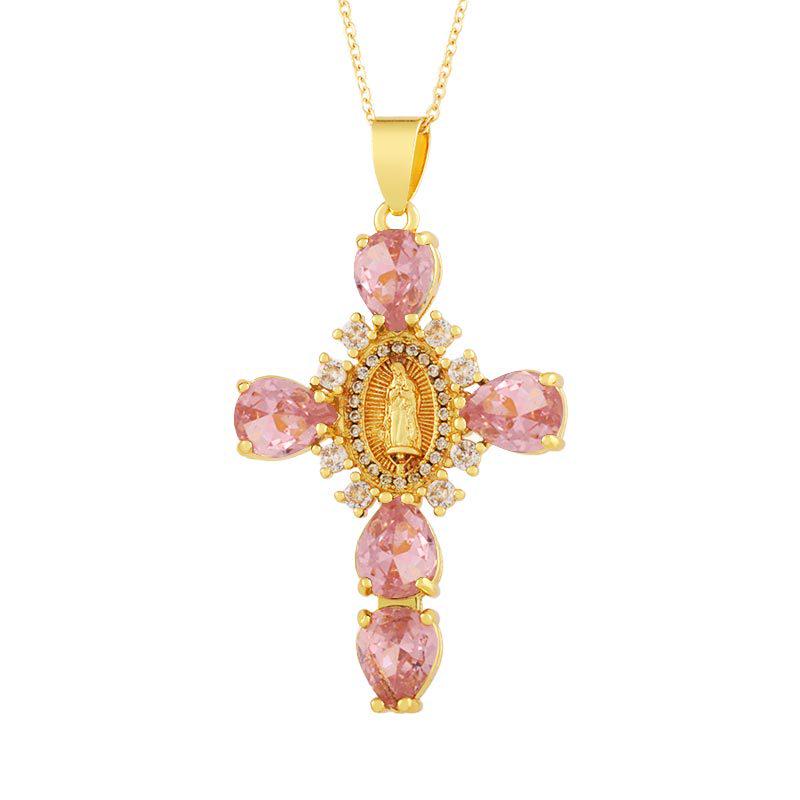 Copper Plated 18K Gold Cross Pendant Necklace with Multi-color Zircon Embellishments