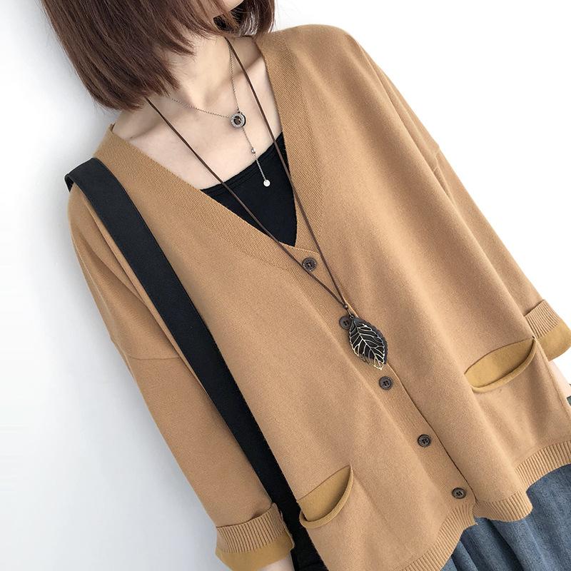 Loose, Large-sized, Artistic and Retro Core-spun Knitted Cardigan Sweater for Women, Long-sleeved V-neck Solid Color Coat