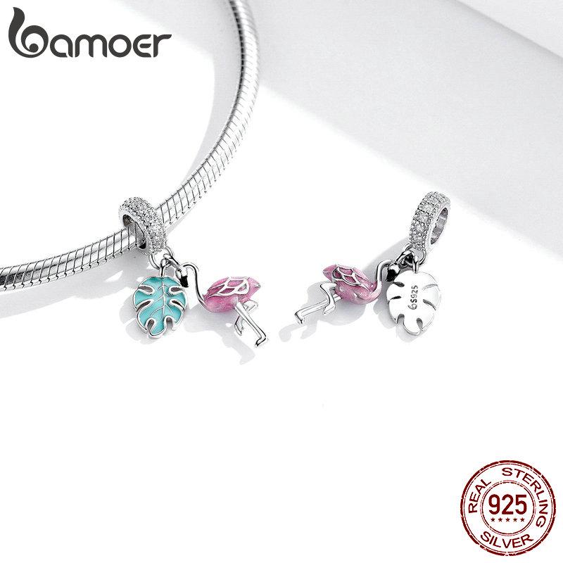 BAMOER 925 Sterling Silber Anhänger Sommer Rosa Emaille Flamingo Anhänger Charms für Schlangenarmband