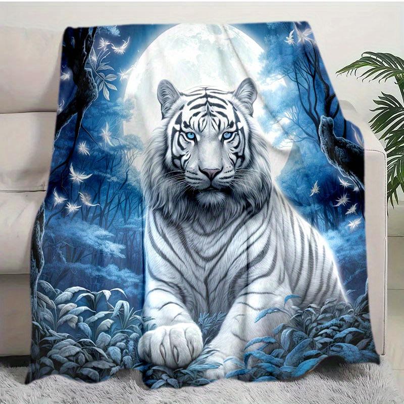 Moonlight Forest Tiger Blanket - Soft Flannel Throw with Majestic White Tiger & Full Moon Design, Cozy All-Season Blanket for So