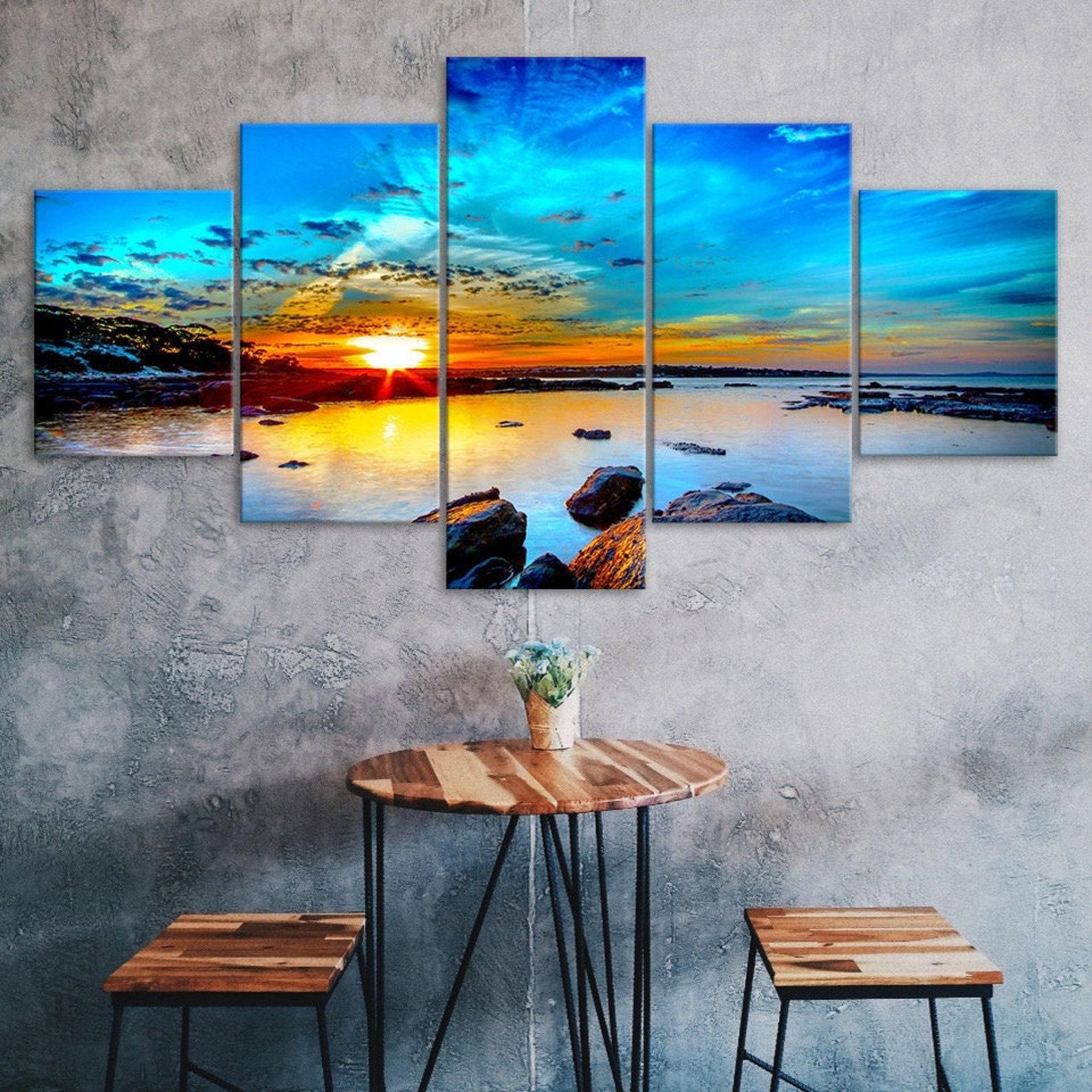 Blue Sky Sunrise Sea Aglow Canvas 5 Piece Five Panel Wall Print Modern Art Poster Picture Home Decor Gift For Him For Her 20X35 20X45 20X55M