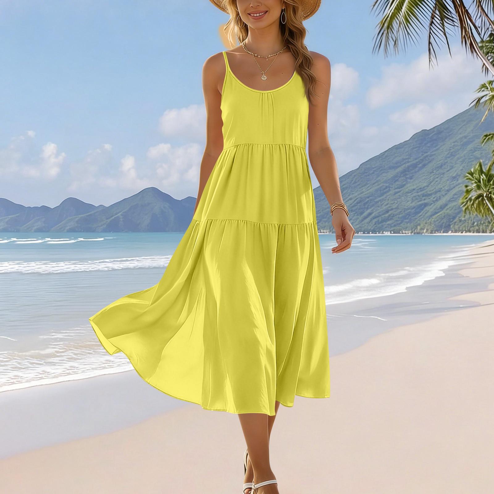 

Women s Summer Fashion Pocket Adjustable Shoulder Strap Bohemian Leisure Beach Resort Strap Loose Dress XL жовтий