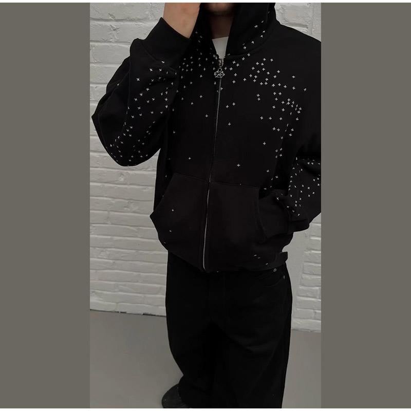 BeatStreet Chic Unisex Starry Sky Rhinestone Hoodie Women Modern Padded Shoulder Zipper Long Sleeve Jacket Street Casual Lady Sweatshirt