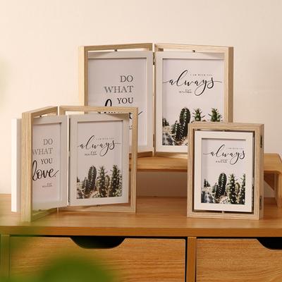 Double Picture Frame Vertical Rotating Bi-fold Photo Frame with Plexiglass Rustic Tabletop Decor Picture Frame for Home Office