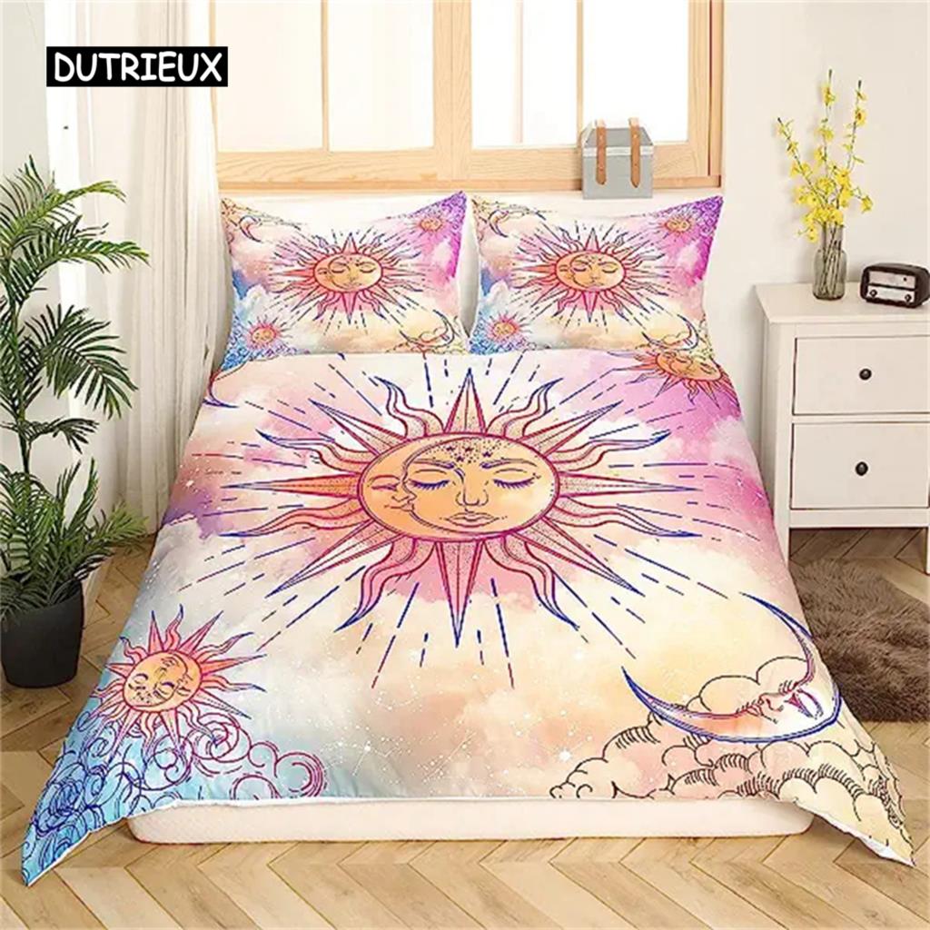 Duvet Cover Yellow Sun And Moon Sunflower Duvet Cover Vintage Indian Boho Floral Bedding Colored Mandala Tribe Bohemian Style
