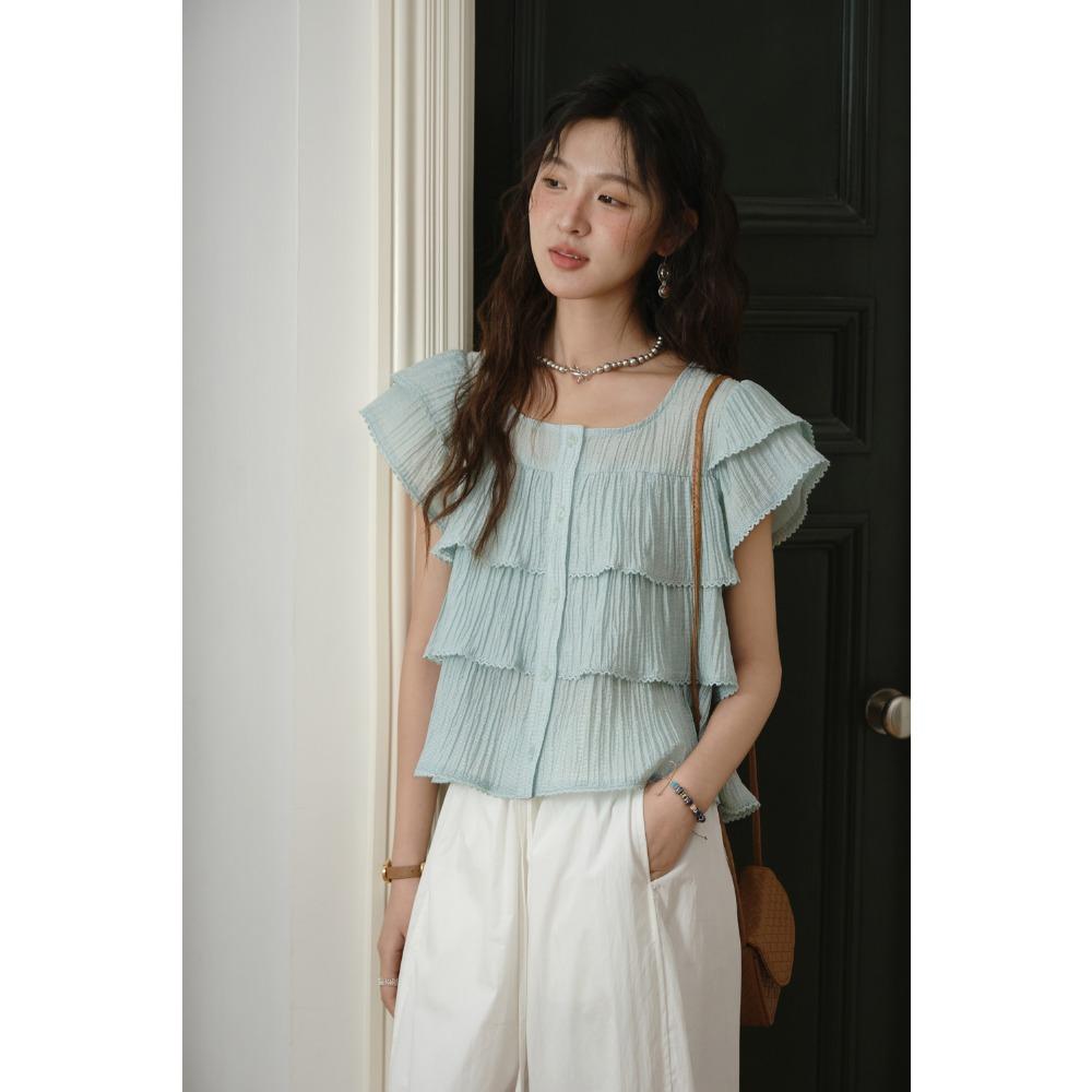 MISHOW Butterfly Sleeve Chiffon Shirt Women's 2025 Summer New Women's Clothing Retro Square Neck Button Casual Shirt MXD30X1488