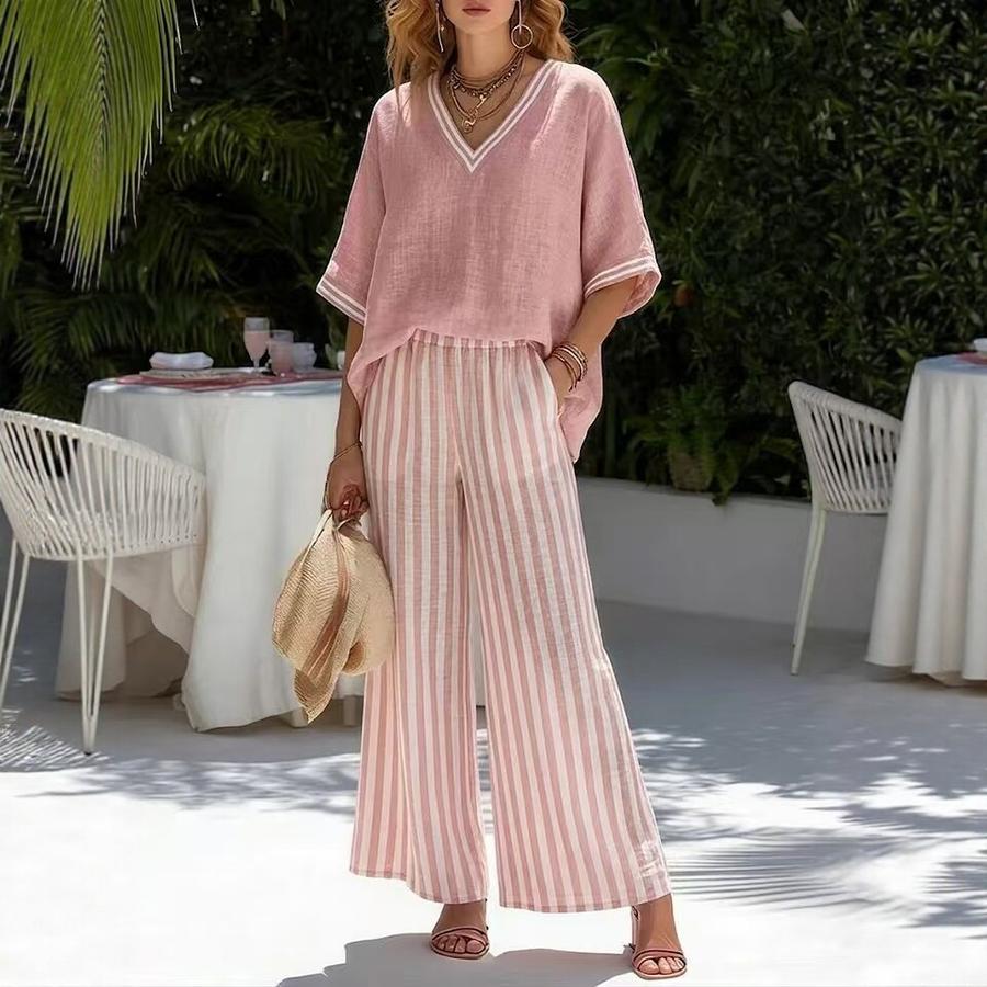 Gestreiftes Weitbein-Hosen-Set Damen Urlaubsstil Zweiteiliges Outfit Sommerurlaubsstil