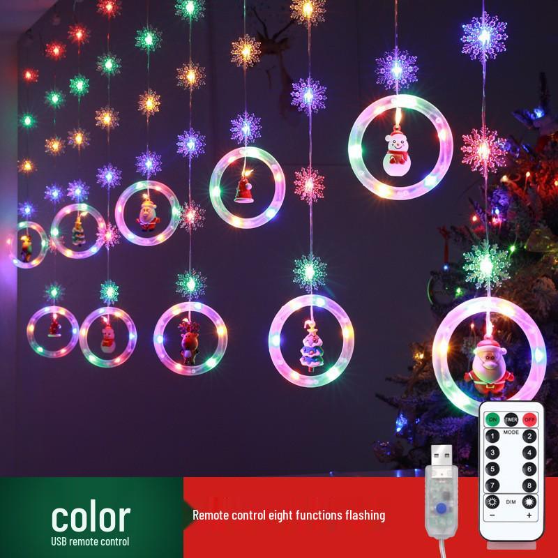 USB Remote-Controlled Copper Wire Curtain Lights with Christmas Stars & Snowflakes, Leather Line, for Holiday Decor