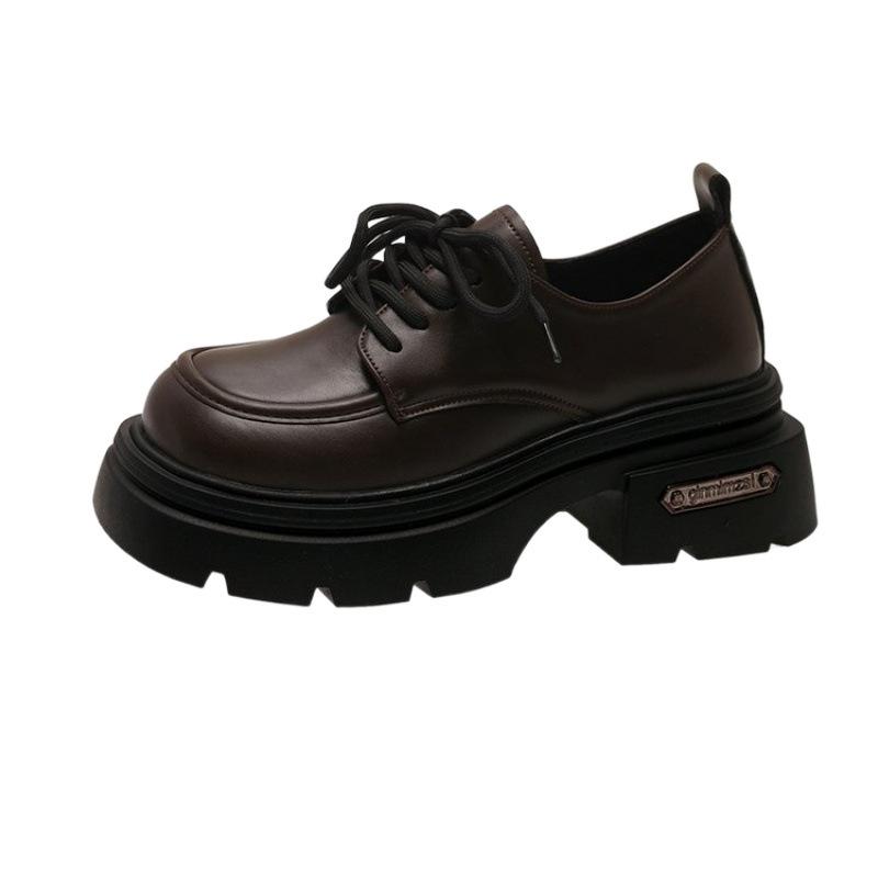 British style small leather shoes women's autumn new lace-up retro versatile small thick-soled black loafers