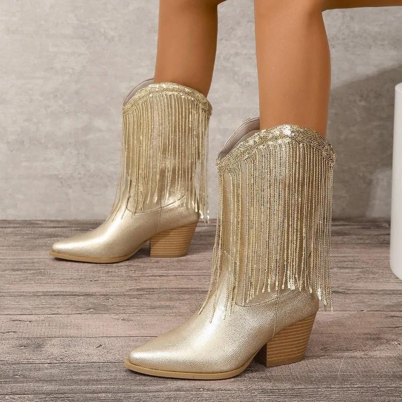 Fashion Shoes for Women 2025 Fringed Sequin Design Fashion Women's Boots Comfortable Square Heel Modern Boots New Gold Platform Boots