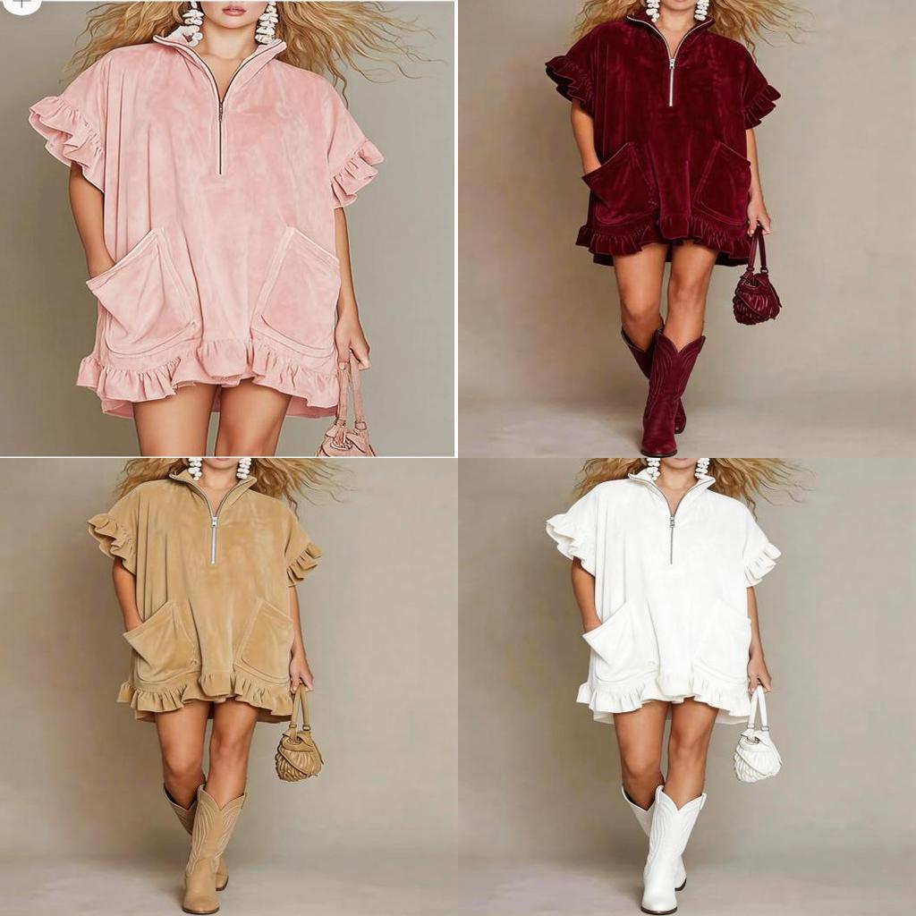 Streetwear A-Linien-Kleid mit Reißverschluss und Rüschenärmeln für Freizeit, Reisen oder Party