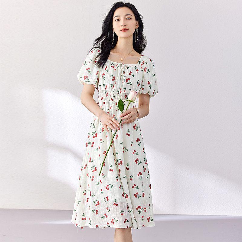 

2024 Лето Новое поступление Повседневное платье из вишневого шифона с квадратным вырезом, женское, с короткими рукавами-фонариками, высокой талией и А-силуэтом Flower color XL