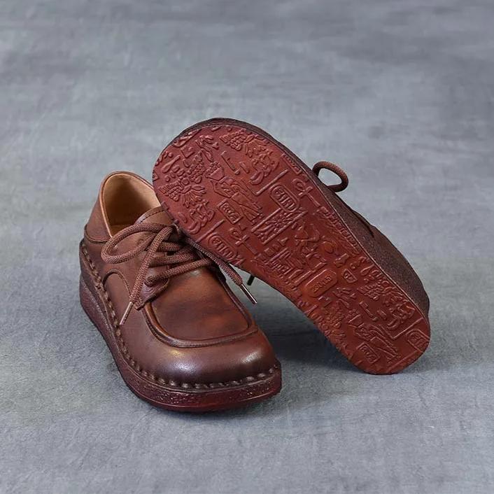 Johnature Genuine Leather Wedges Shoes Versatile Comfortable Soft Soled Lace-up Four Seasons Shoes