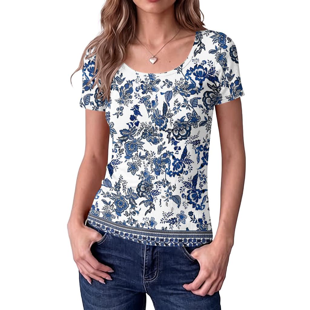 Women Slim Fit Square Neck Short Sleeve Top Vintage Floral Print Stretchy Ribbed Fabric Casual Summer Shirt