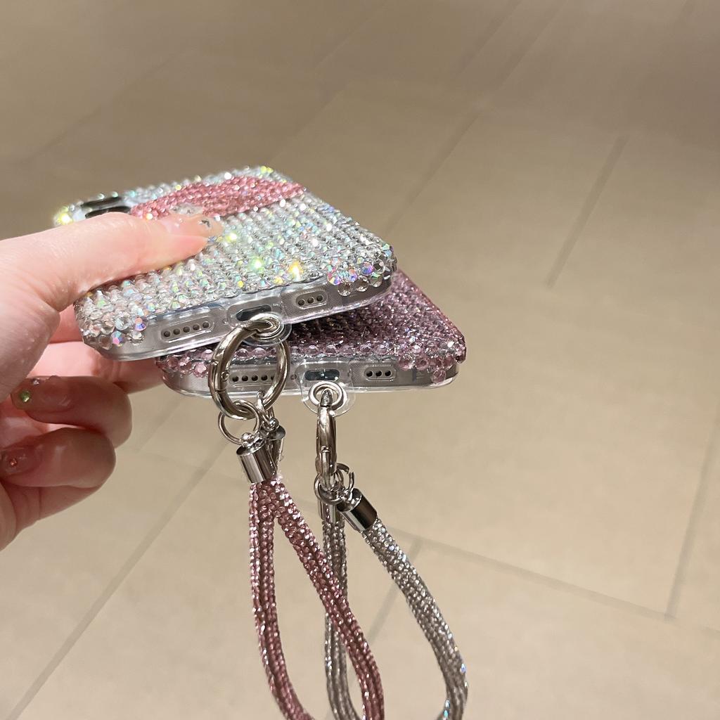 For iPhone 16 Case with Strap Full Rhinestone Lip Decor TPU+PC Phone Back Cover