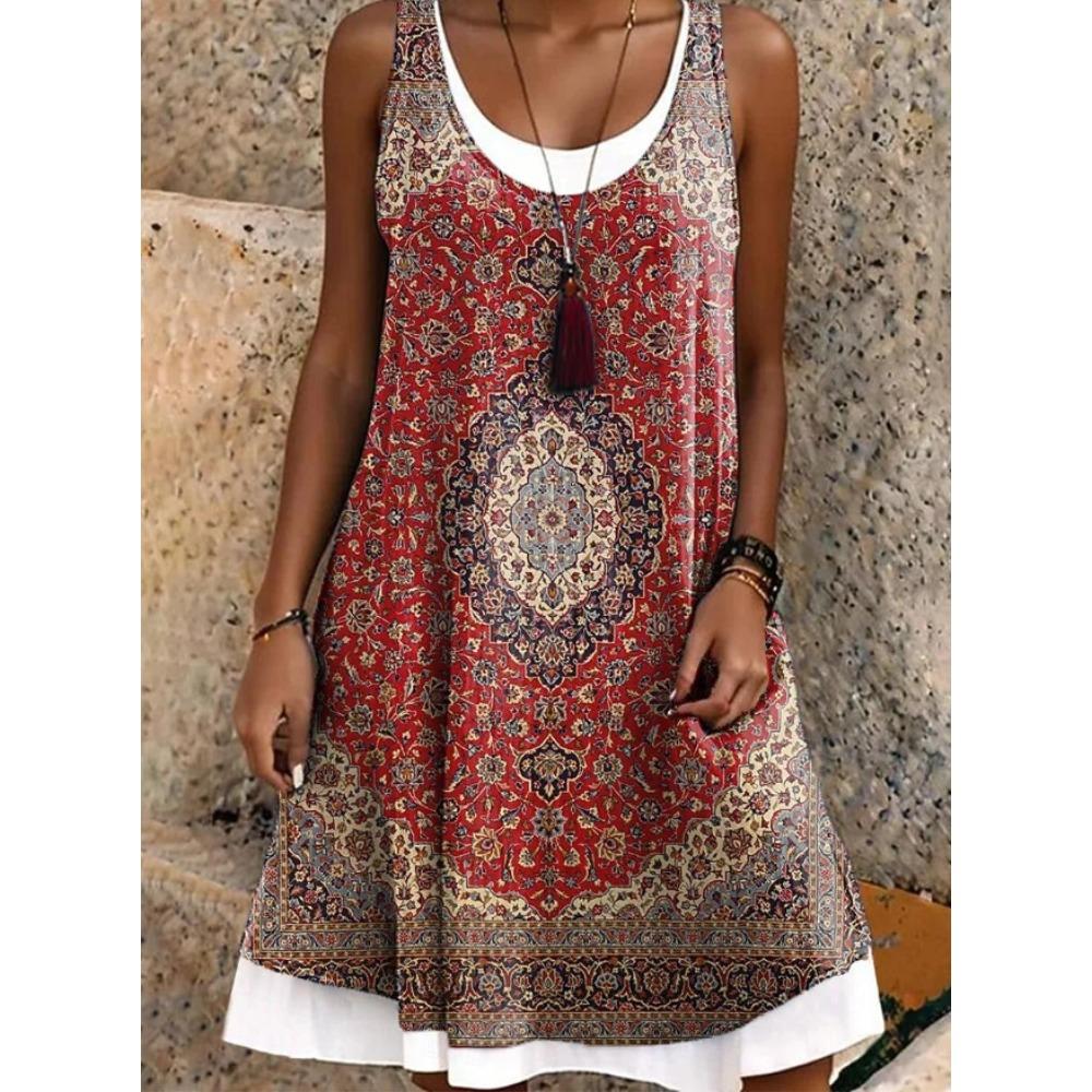 Women's  Vintage Pattern Printed Sleeveless Round Neck Dress Loose Soft and Comfortable Plus Size Dress