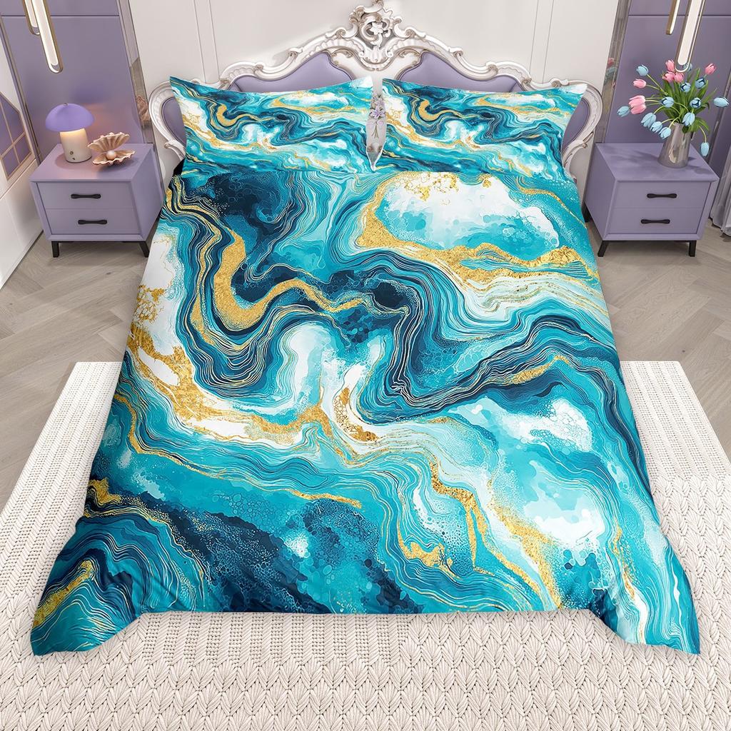 Homewish Chic Marble Duvet Cover Set, Aesthetic Watercolor Artwork Bed Set, Colorful Marbling Quilt Cover Set
