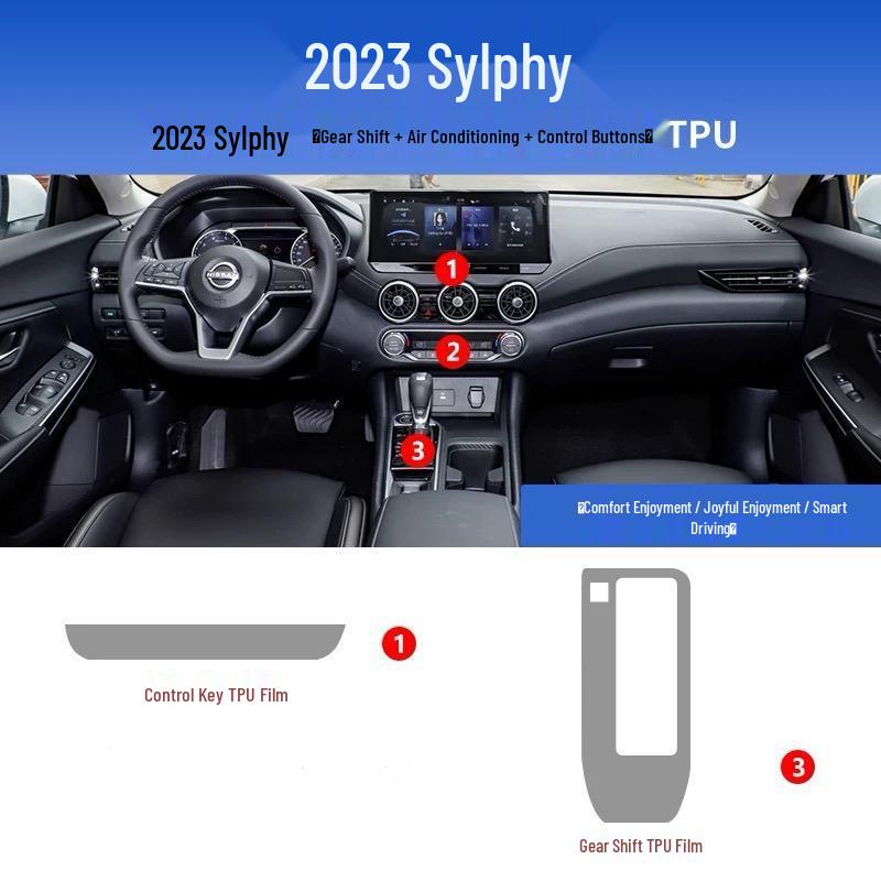 Nissan Sylphy Interior Protection Film: Center Console, Gear Shift, Navigation Screen, B-Pillar Sticker - TPU