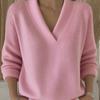 Suéter de punto para mujer con cuello en V, manga larga, color liso, ajuste holgado, jersey casual estilo japonés