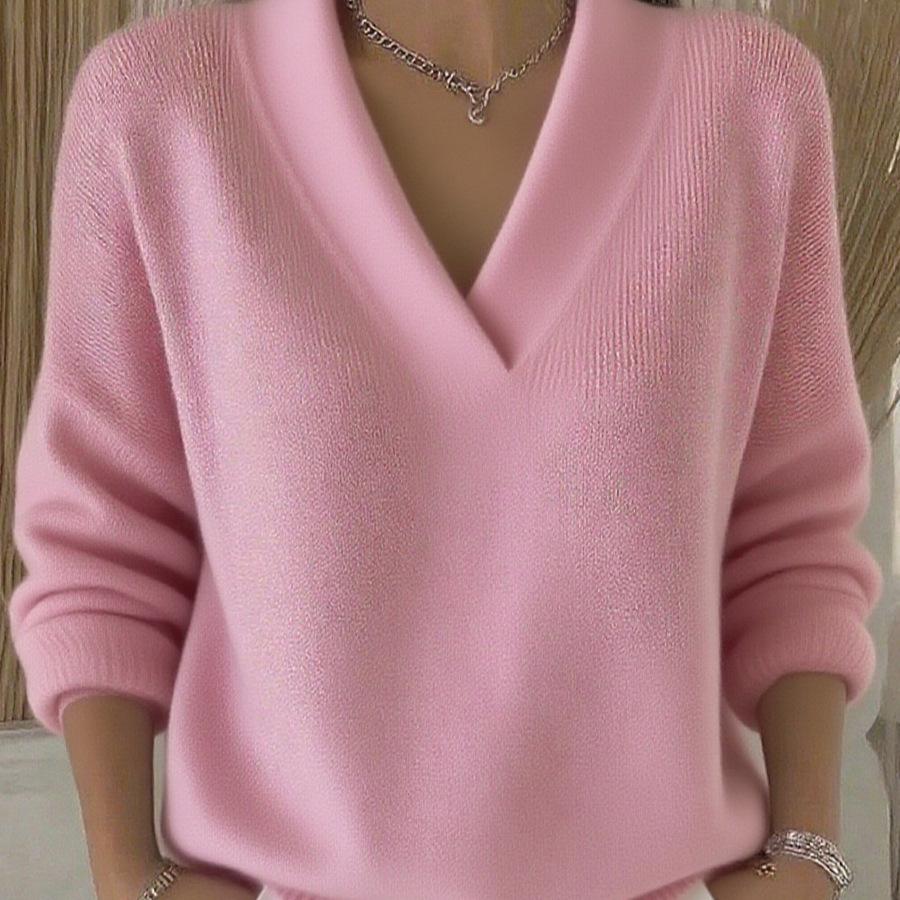 Suéter de punto para mujer con cuello en V, manga larga, color liso, ajuste holgado, jersey casual estilo japonés