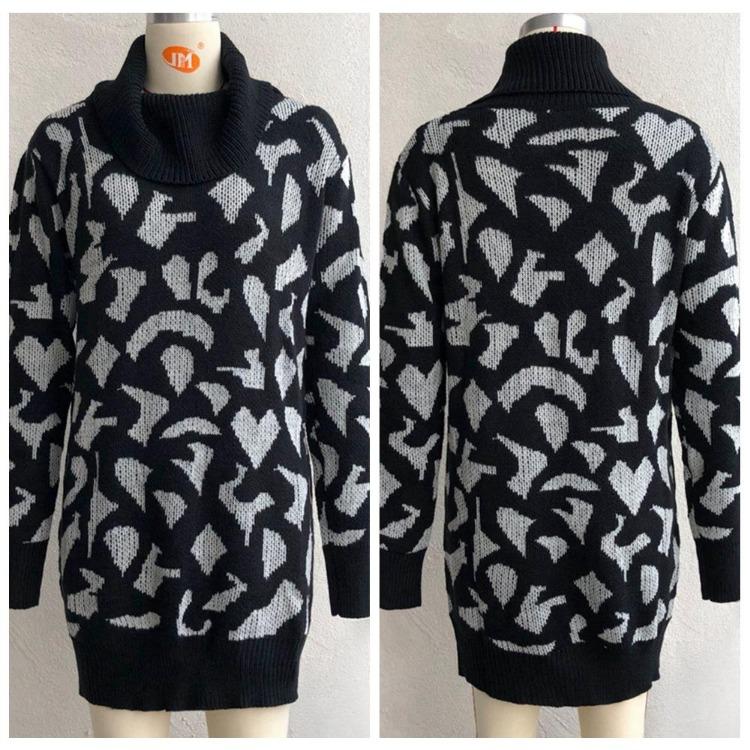 Women Casual Leopard Print Knit Sweater Dress Spring Fall Loose Waist Straight Collar Full Sleeve Above Knee Mini S-L