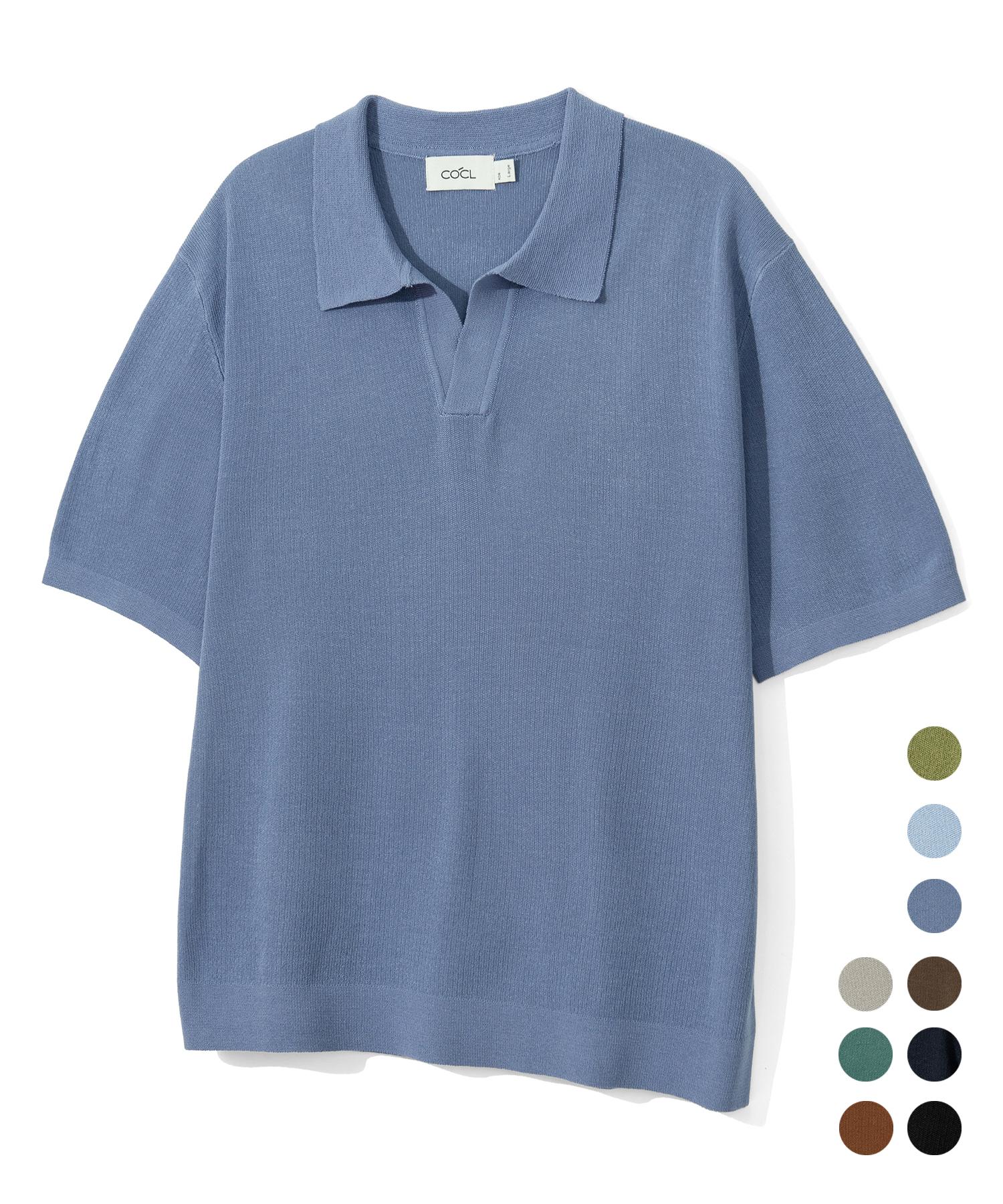 Custom A Clock Cool Linen-Like Collar Short Sleeve Knit_9 Color Cooskt045 (B Type) Sky Blue/M