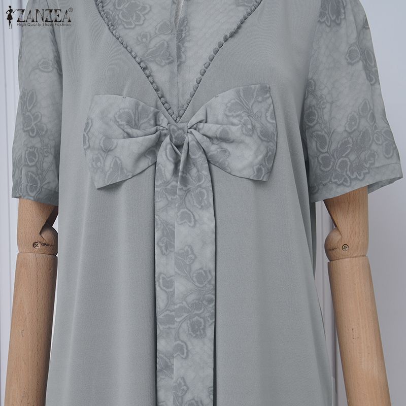 ZANZEA Elegant Womens Casual Round Neck Short Sleeve Splice Dress