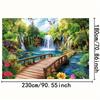 1pc 2D flat natural landscape polyester background Fabric - Waterfall, wooden bridge and forest design, natural decoration