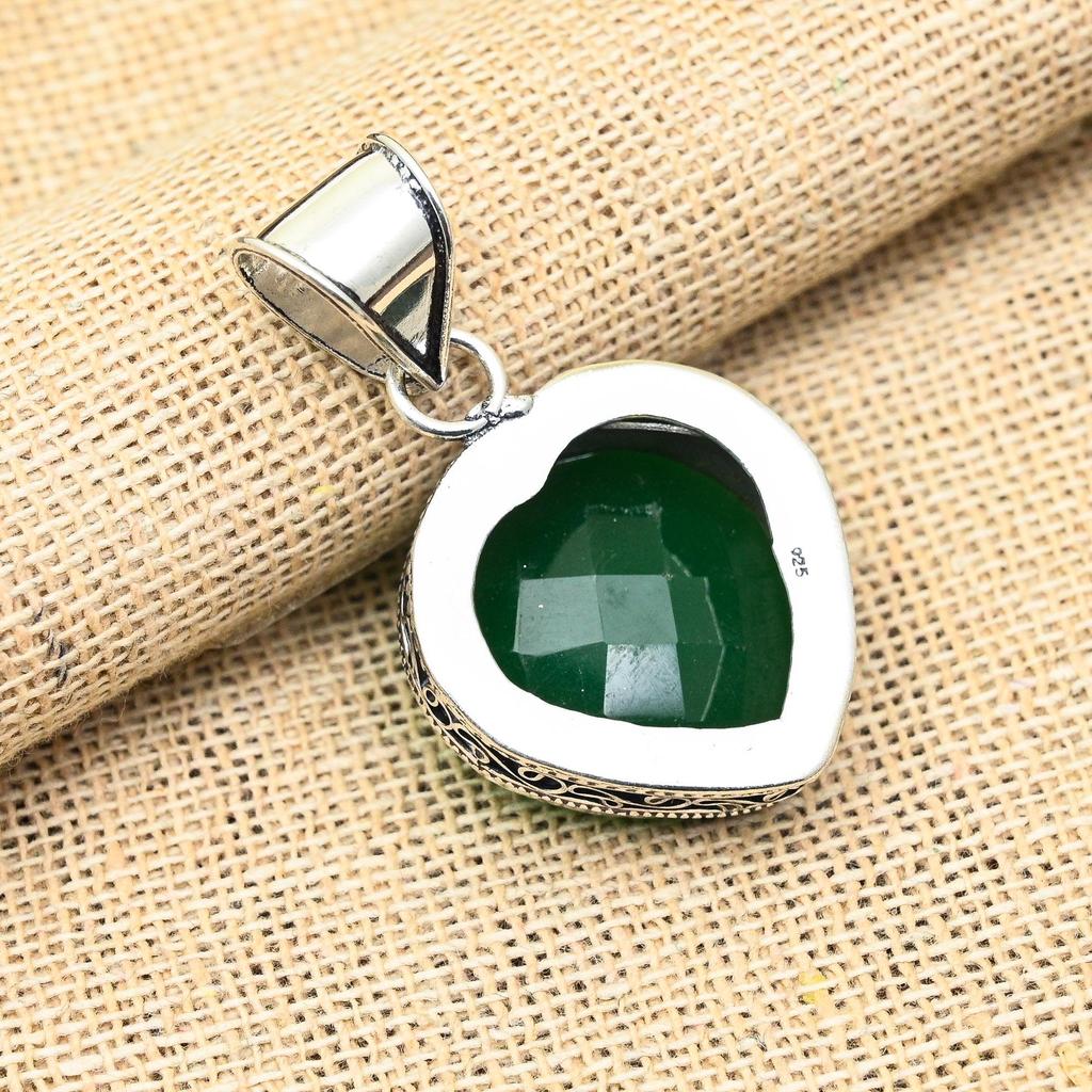 Heart Shape Green Onyx Gemstone Handmade 925 Sterling Silver Jewelry Pendant For Women