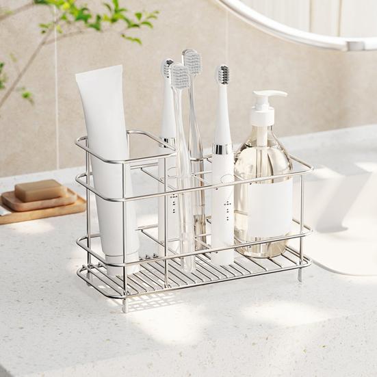 Stainless Steel Toothbrush Holder Bathroom Toothpaste Holder Stand with Quick Drainage Countertop Organizer for Bathroom Accessories