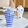Vaso Cerâmico Azul Geométrico Padrão Acolchoado Bolinhas Acessórios para Arranjo de Flores Artesanato Cerâmico Decoração de Casa