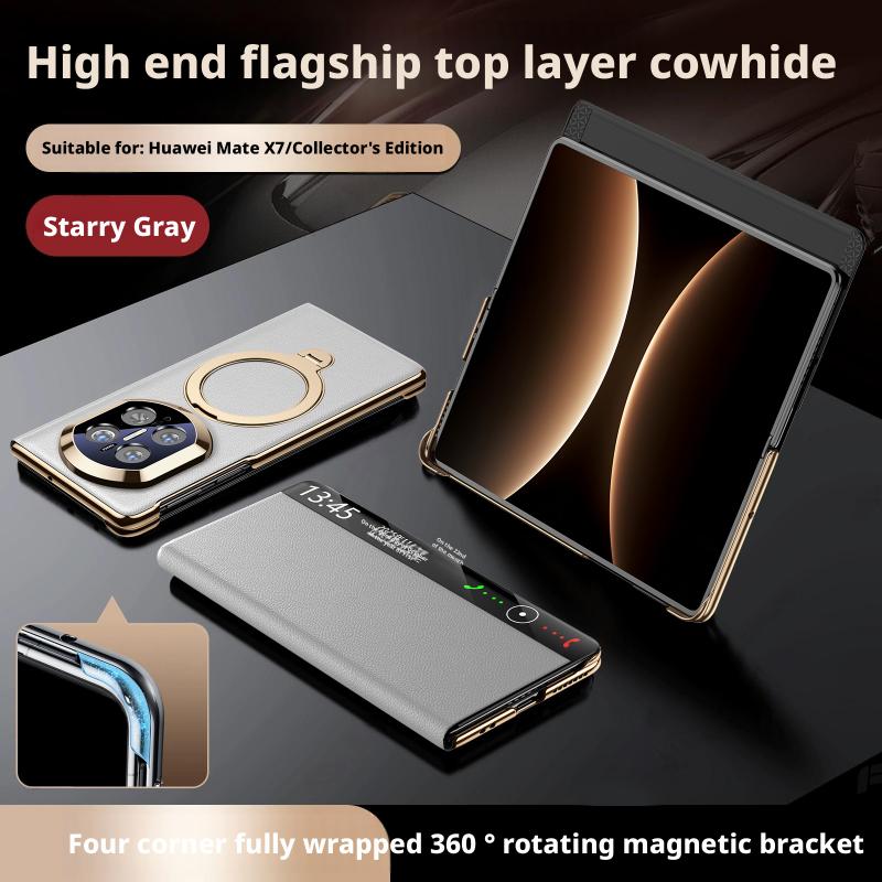 Premium Genuine Leather Magnetic Case For Huawei Mate X7 X6 X5 Smart Touch View No Flip For Answering Rotating Bracket Cover