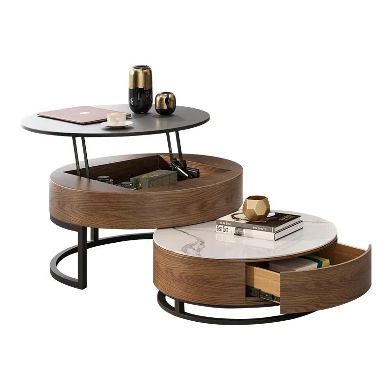 For Nordic Stone Plate Lifting Coffee Table TV Cabinet Combination Modern Simple and Light Luxury Round
