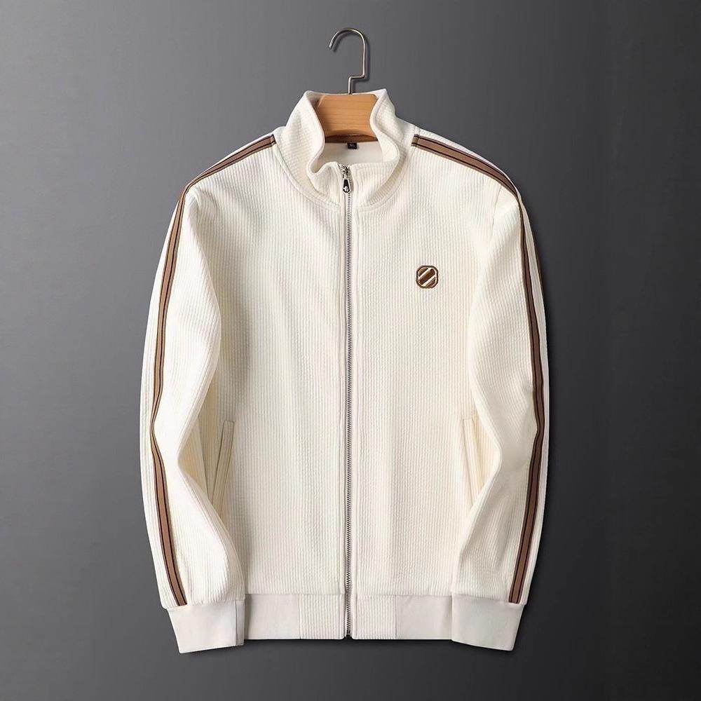 Men's Trendy Slim Fit Casual Sports Suit: Warm, Solid Color, Striped Two-Piece Set with Jacket & Straight-Leg Pants for Fall/Winter