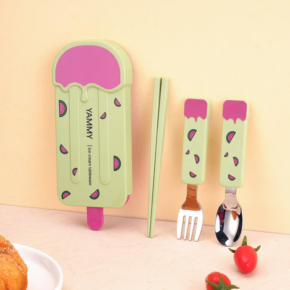 

304 Stainless Steel Popsicle Tableware Set Cartoon Pattern Kids Chopsticks Fork Spoon Set Office зелёный