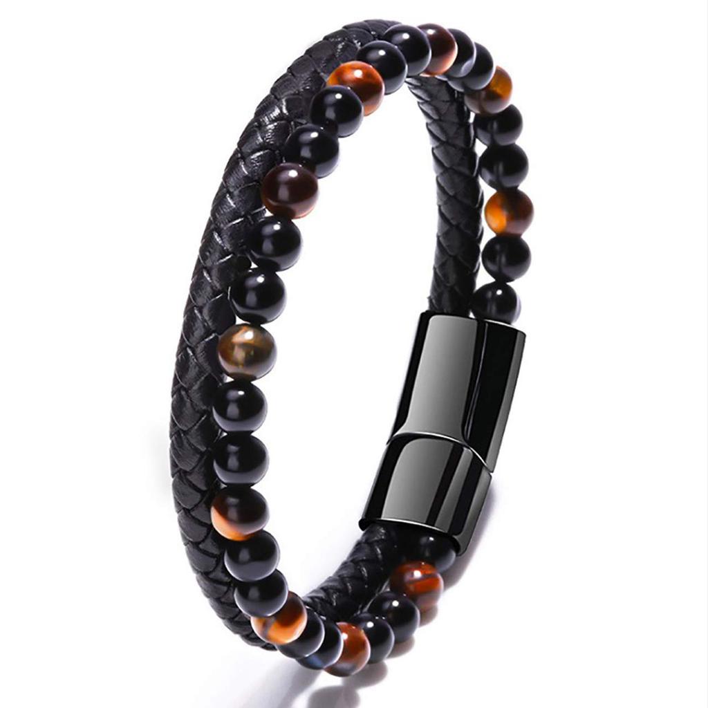Chrome Crane Men's Bracelet with Natural Stones and Leather, Stylish Jewelry Accessory, WB117 (03.Gray)