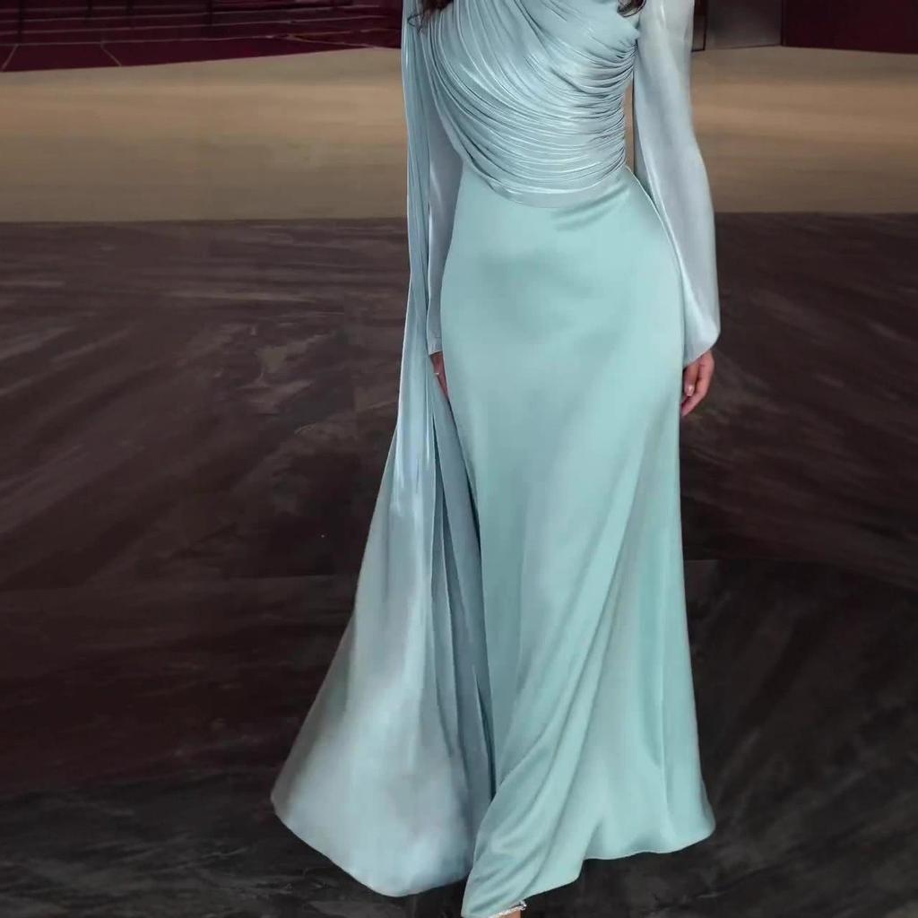 2025 European American Women's Pleated Irregular White Long Sleeve Slim Fit Dress