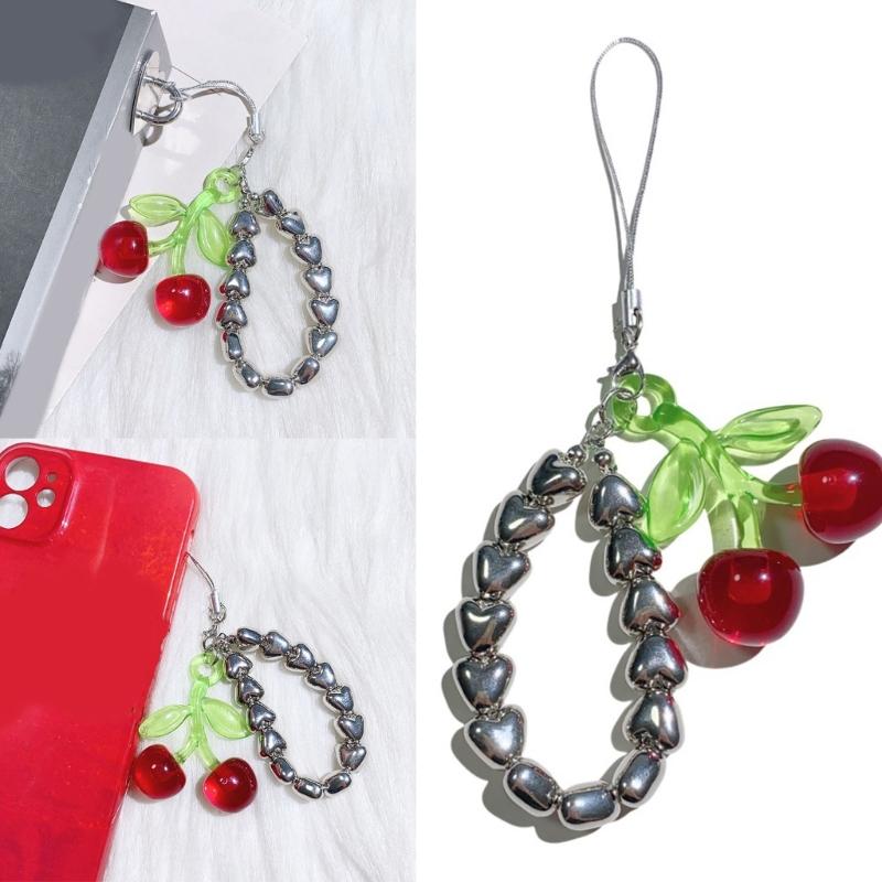 Stylish Beaded Cherry Pendant Keychain For Phone Or Keys Sturdy Alloy Material Compact Rope Construction