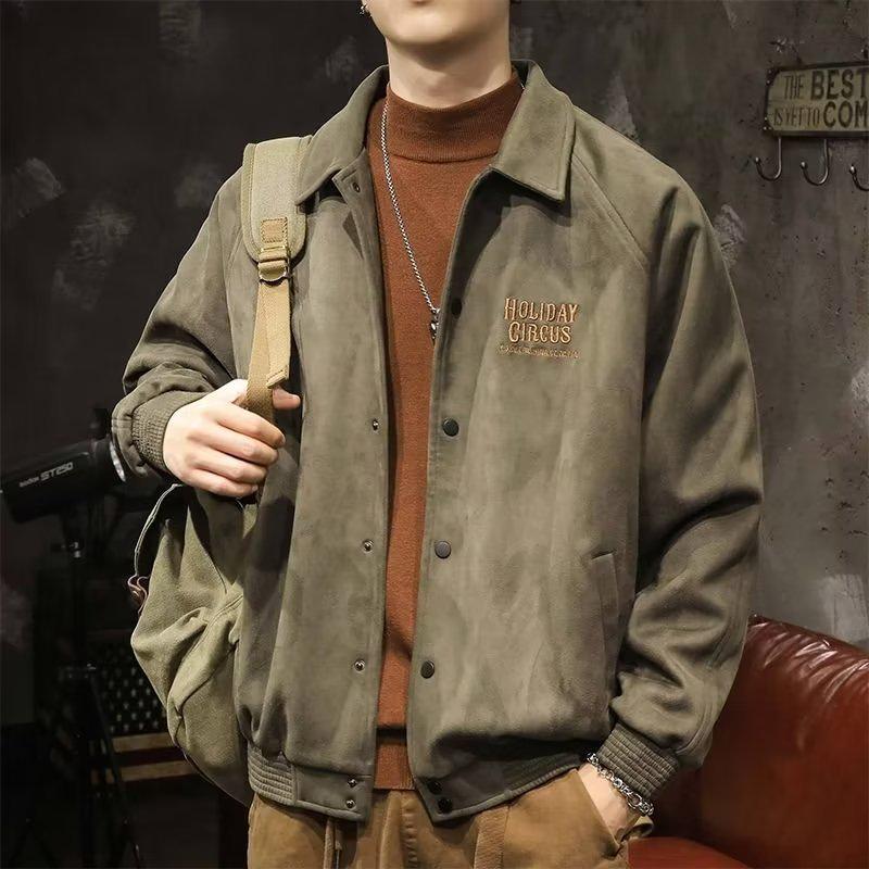 Men's Suede Plush Lapel Baseball Jacket - Retro American Casual Plus Size Outerwear for Spring and Autumn