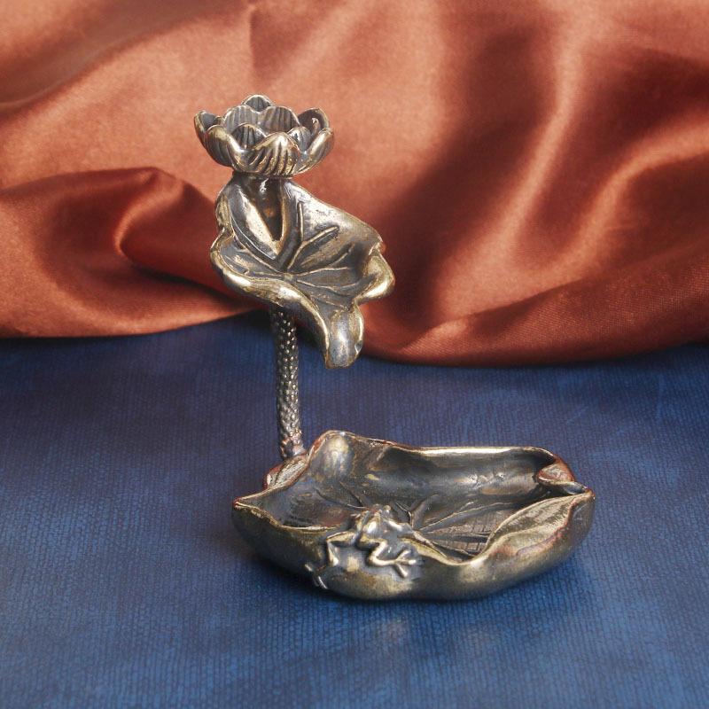 Vintage Brass Leaf Backflow Ornament Frog Lotus Zen Incense Insert Sandalwood Holder Old Copperware W