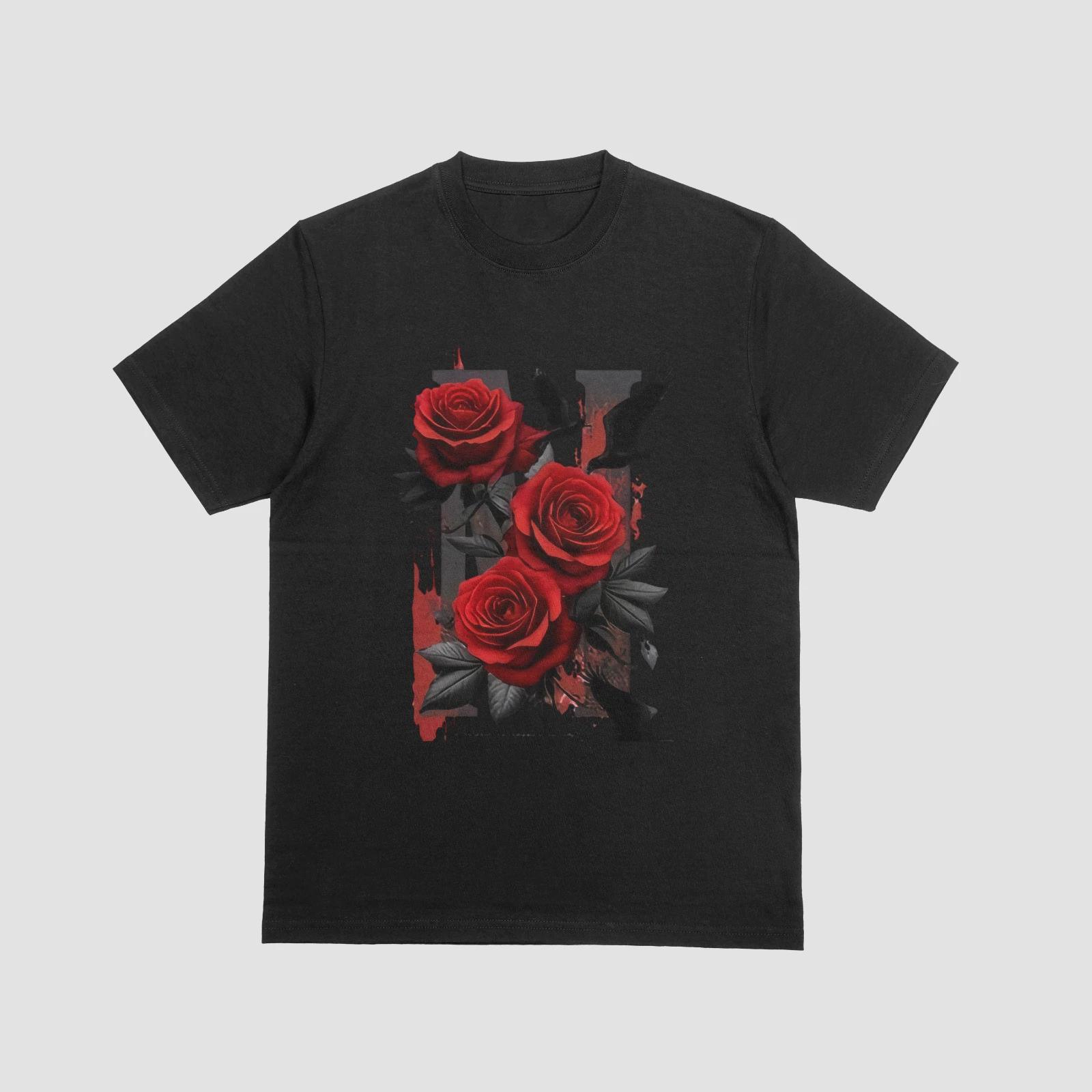 Gothic Rose Raven T-Shirt Black Red Floral Valentine Halloween Tee XL