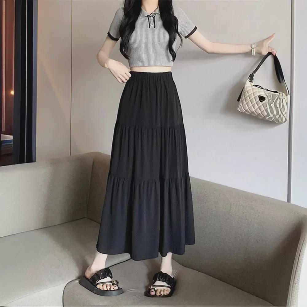 2025 Women's High-Waist A-Line White Skirt: Spring/Summer Korean Style with Elastic Waist