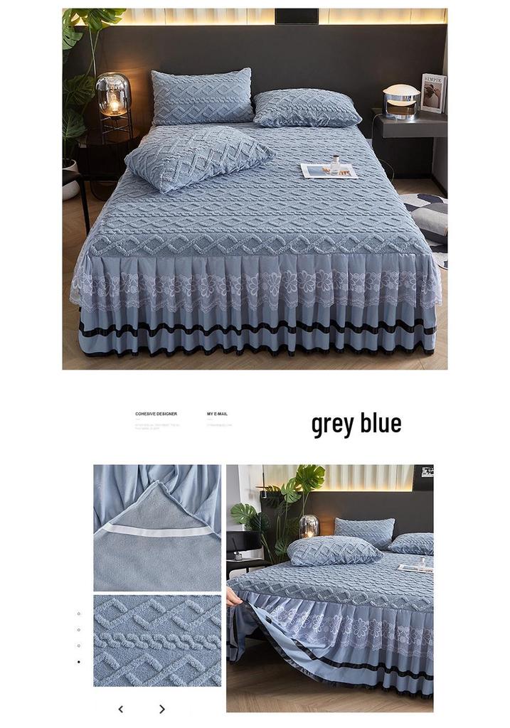 Thickened Taffeta Bed Skirt Set: Korean Style Lace Bedspread & Mattress Cover (3-Piece, Solid Color)