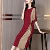 Female Clothing Contrasting Colors Dresses Stylish Asymmetrical Summer Loose A-Line Drawstring Basic Casual O-Neck Midi Dress