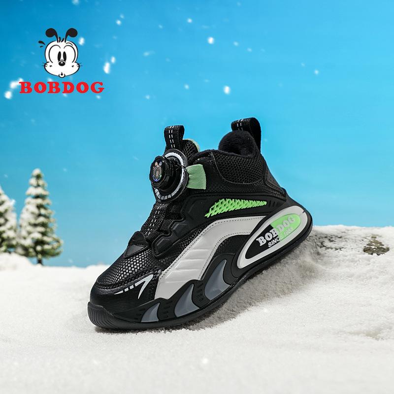 Babu Bean Classmate Boys Fleece Leather Surface Waterproof Sneakers Girls Running Shoes Middle Older Children Rotary Buckle Mesh Shoes